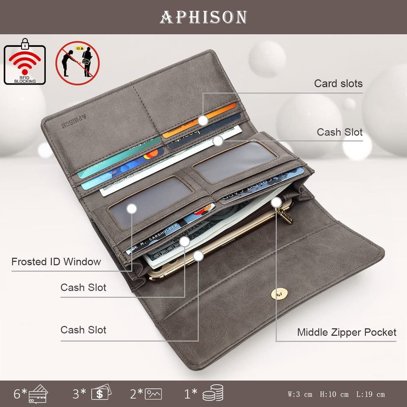 APHISON Womens Wallets RFID Blocking PU Leather Clutch Long Wallet for Women Card Holder Phone Organizer Ladies Travel Purse Hollow Out Sunflower Design Gift Box 2214 Dark-gray - Image 2